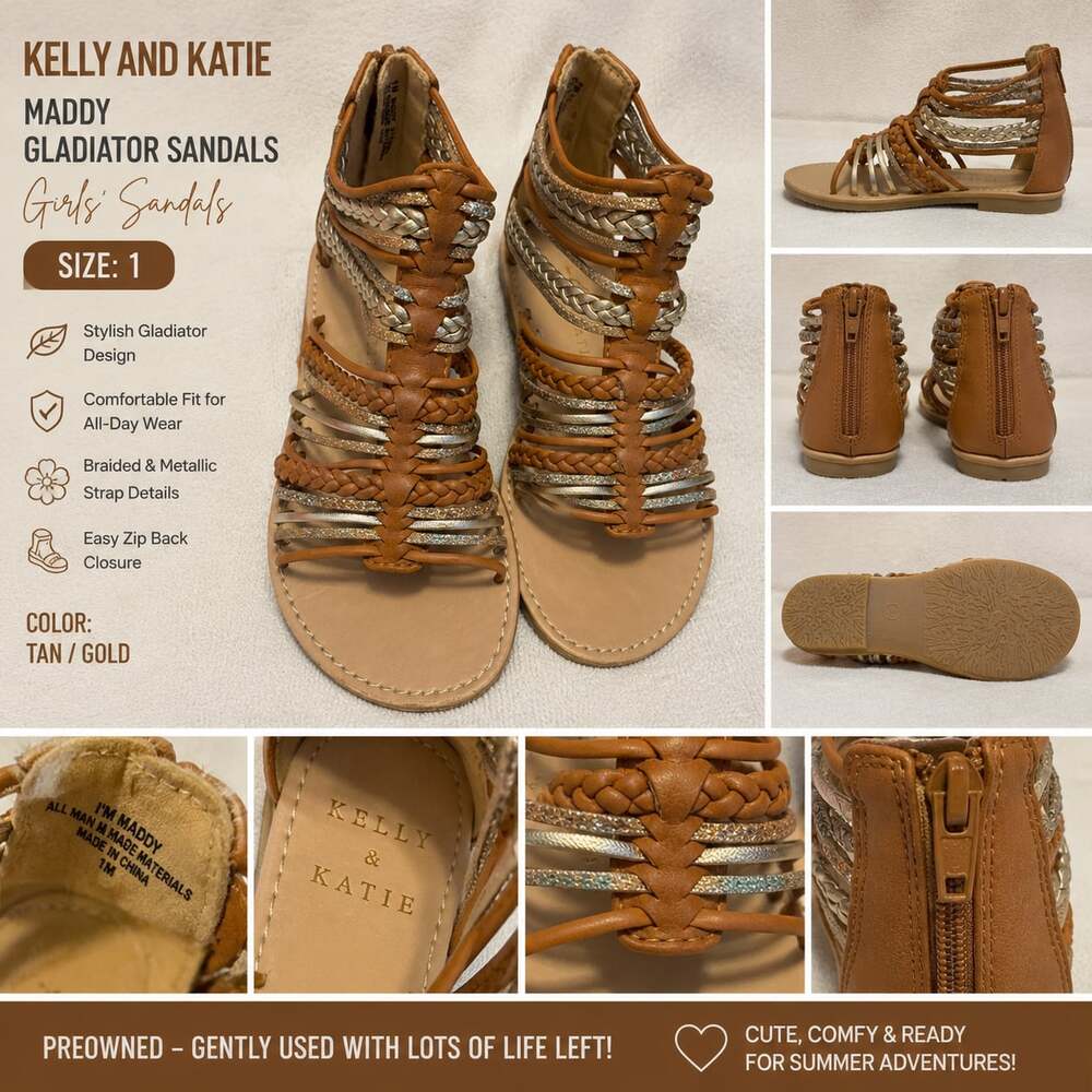 Kelly & Katie Girls Braided Gladiator Sandals with Zip Back in Brown and Gold
